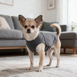 Small dog wearing a gray calming and anxiety relief vest