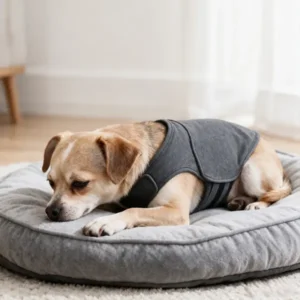 Dog resting comfortably in an adjustable gray calming vest
