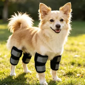 Small dog wearing adjustable knee support braces outdoors