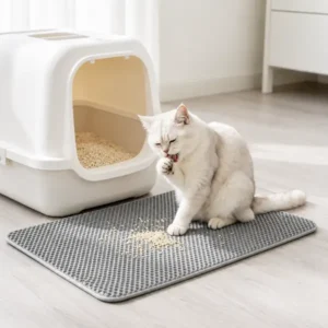 Cat using a gray litter trapping mat beside a litter box