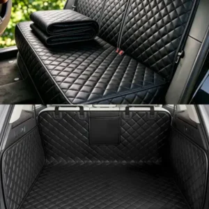 Black quilted pet seat cover and SUV cargo liner comparison