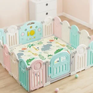 Colorful PVC baby play mat inside an indoor safety playpen