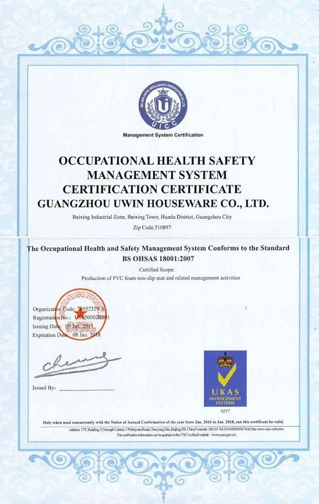 OHSAS 18001 occupational health and safety management certificate