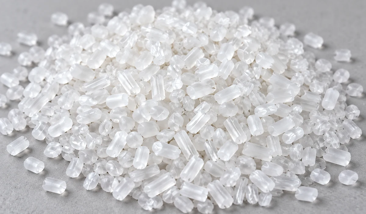 Close-up of translucent white TPU resin pellets spread across a light gray surface.