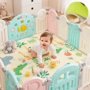 Child playing on a colorful children's play mat for safe indoor activities