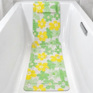 Custom floral PVC foam non-slip bathtub mat with pillow installed in a bathtub by Uwin