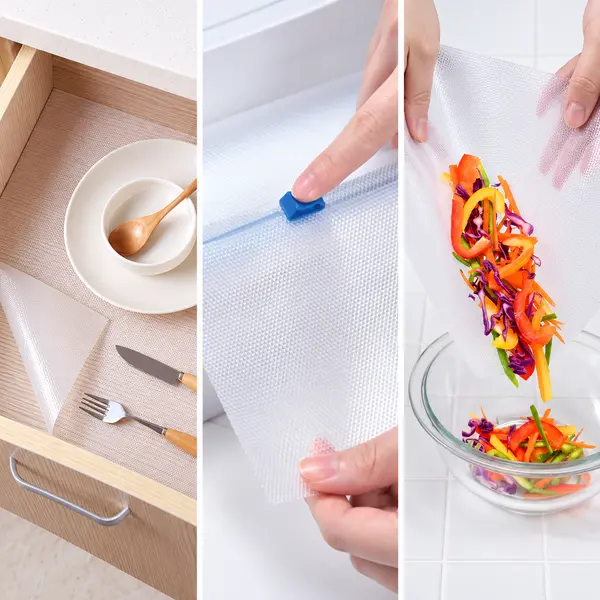 Transparent EVA shelf liner used in kitchen drawer and food preparation