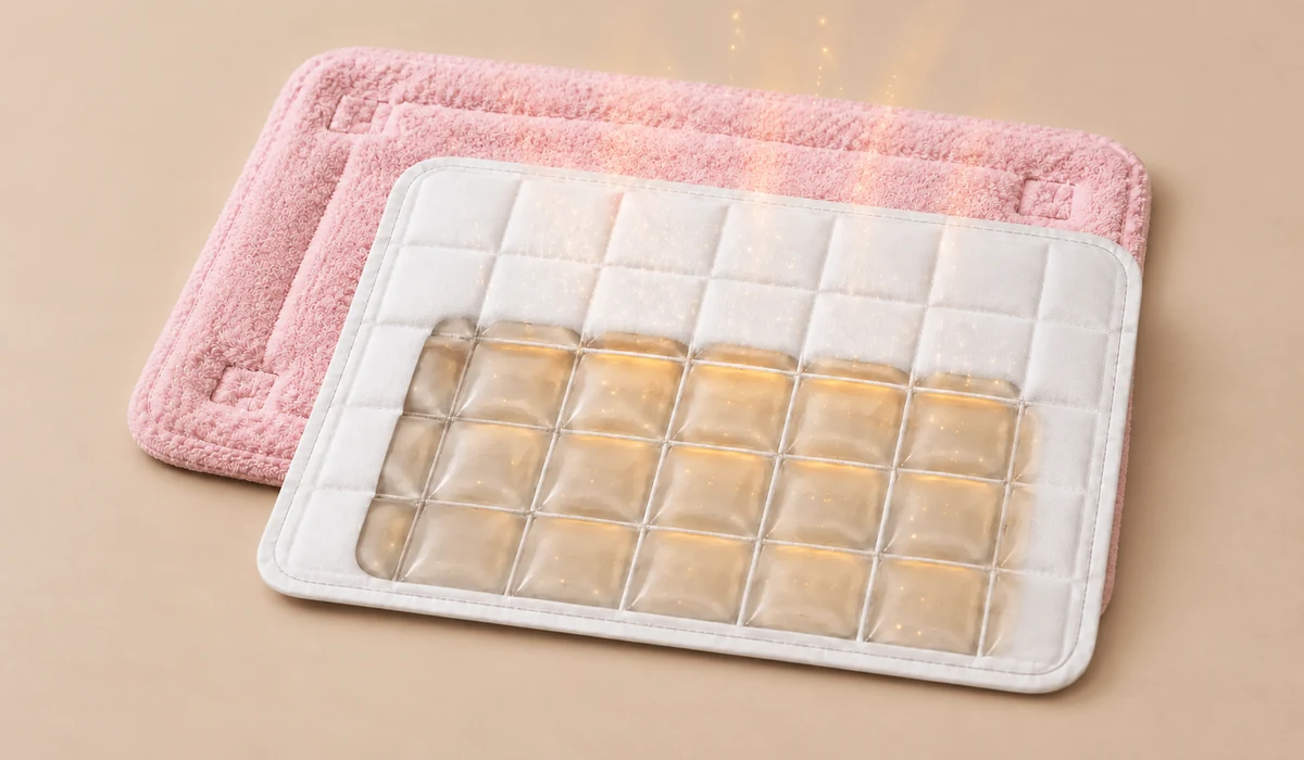 White PCM heat storage insert placed on a pink plush pet warming mat