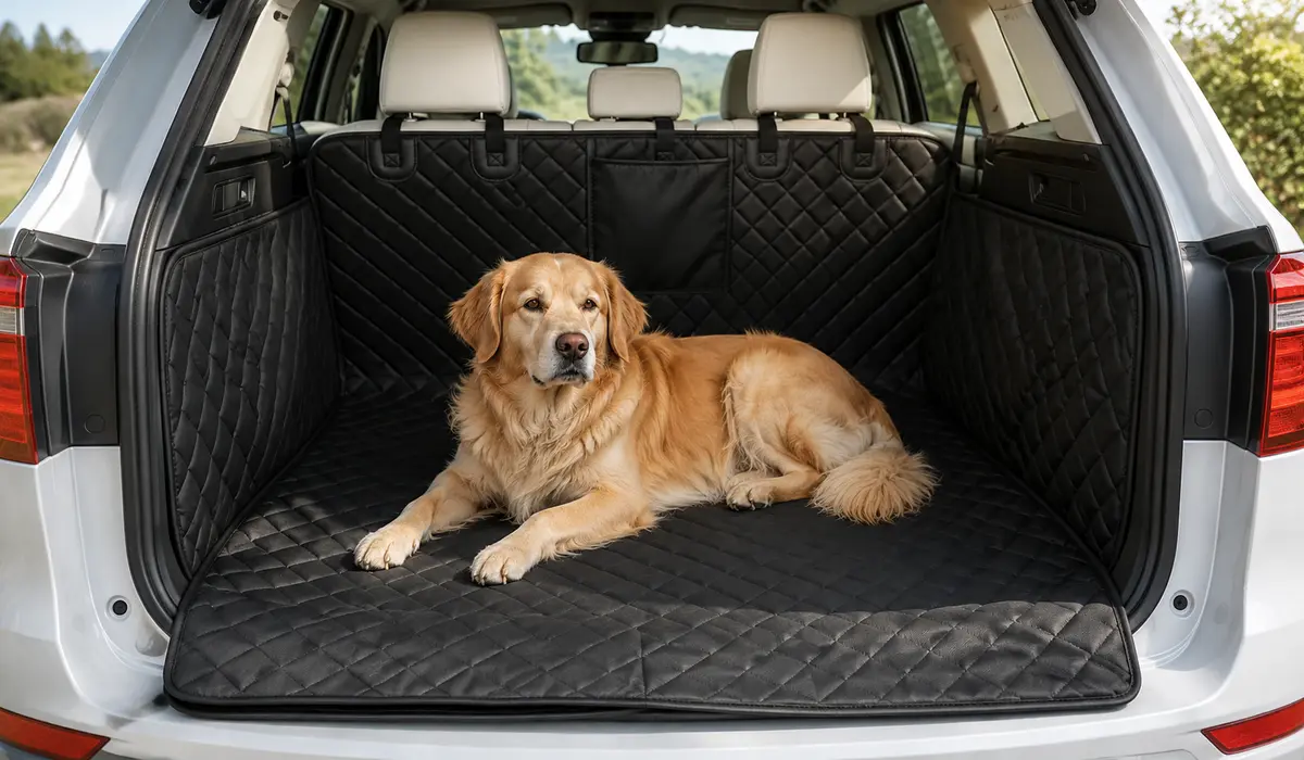 Golden retriever resting on a black quilted pet car cargo liner in an SUV trunk
