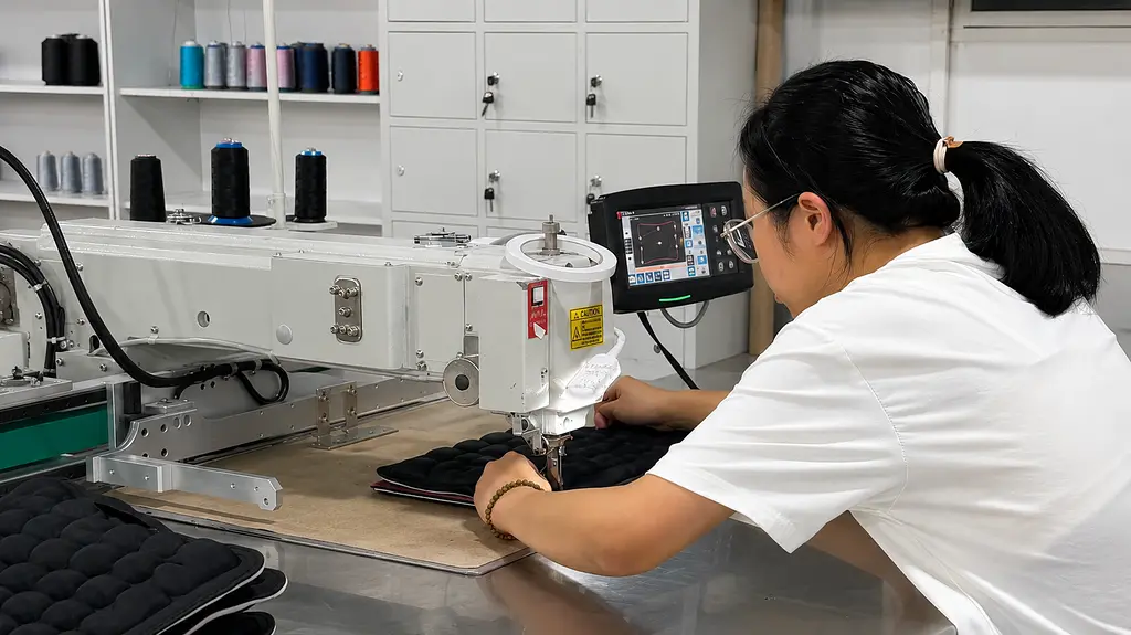 uwin-automated-mat-sewing-process UWIN operator using an automated sewing machine to produce quilted mats
