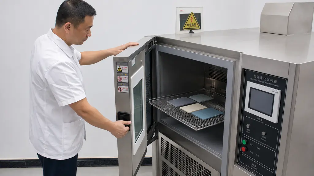 Uwin technician conducting constant-temperature aging tests on PVC and EVA mat material samples