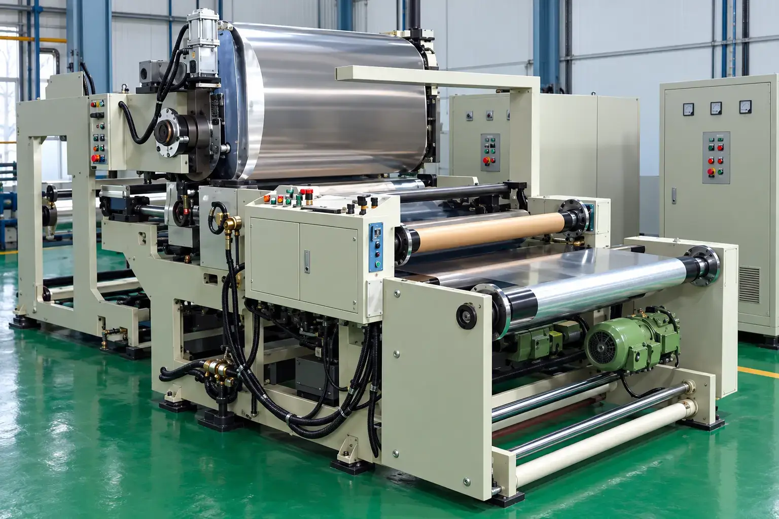 Uwin embossing line with precision rollers for material surface finishing.