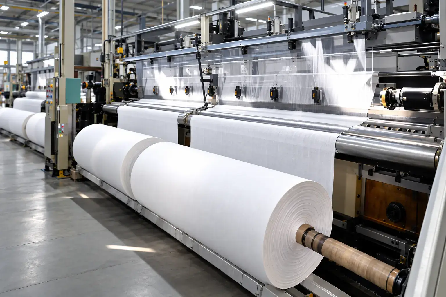 Uwin knitting equipment processing white material rolls in a manufacturing facility.