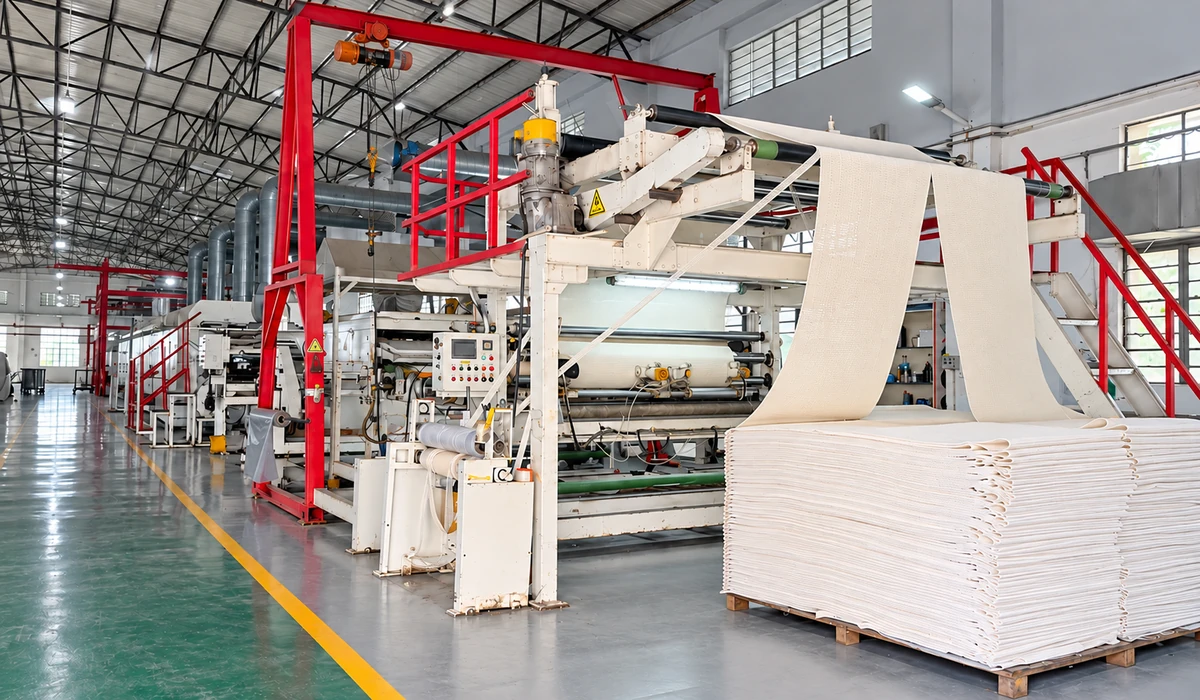 uwin-pvc-foam-production-line-1200x700-no-people Uwin PVC foam mat production line with stacks of finished white mats in the factory.
