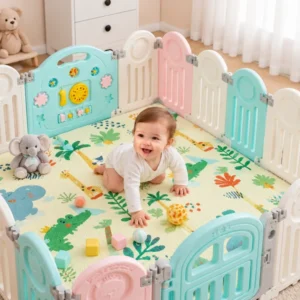 Child playing on a colorful children's play mat for safe indoor activities