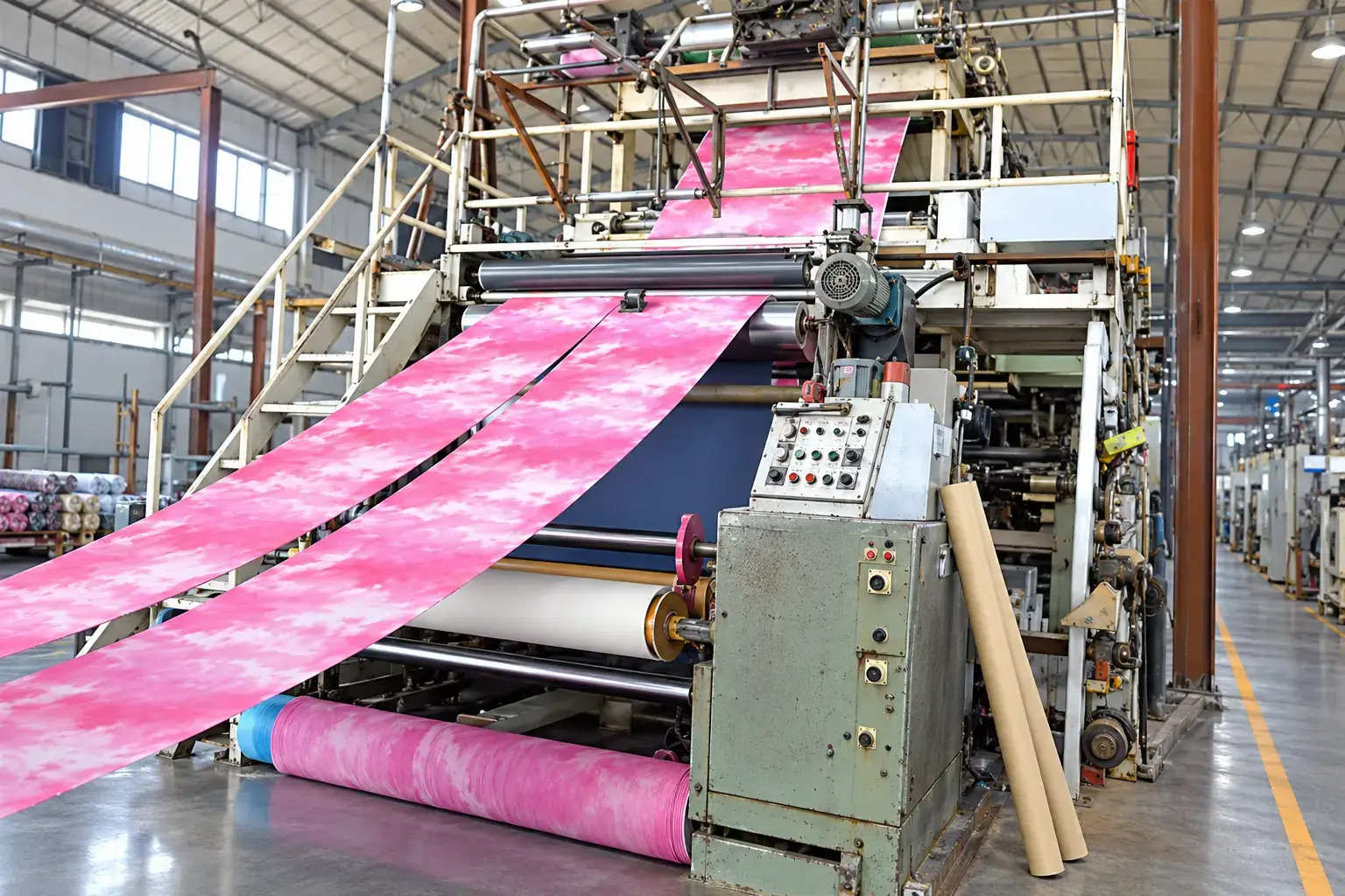 Uwin transfer printing equipment producing custom printed mat materials.