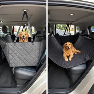 Side-by-side comparison of a gray dog car seat cover with raised sides and a black hammock-style dog car seat cover installed in an SUV.
