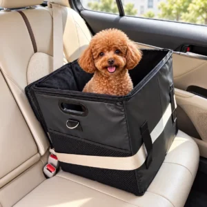 A brown poodle sitting in a black dog car seat with plush lining on a beige rear seat.