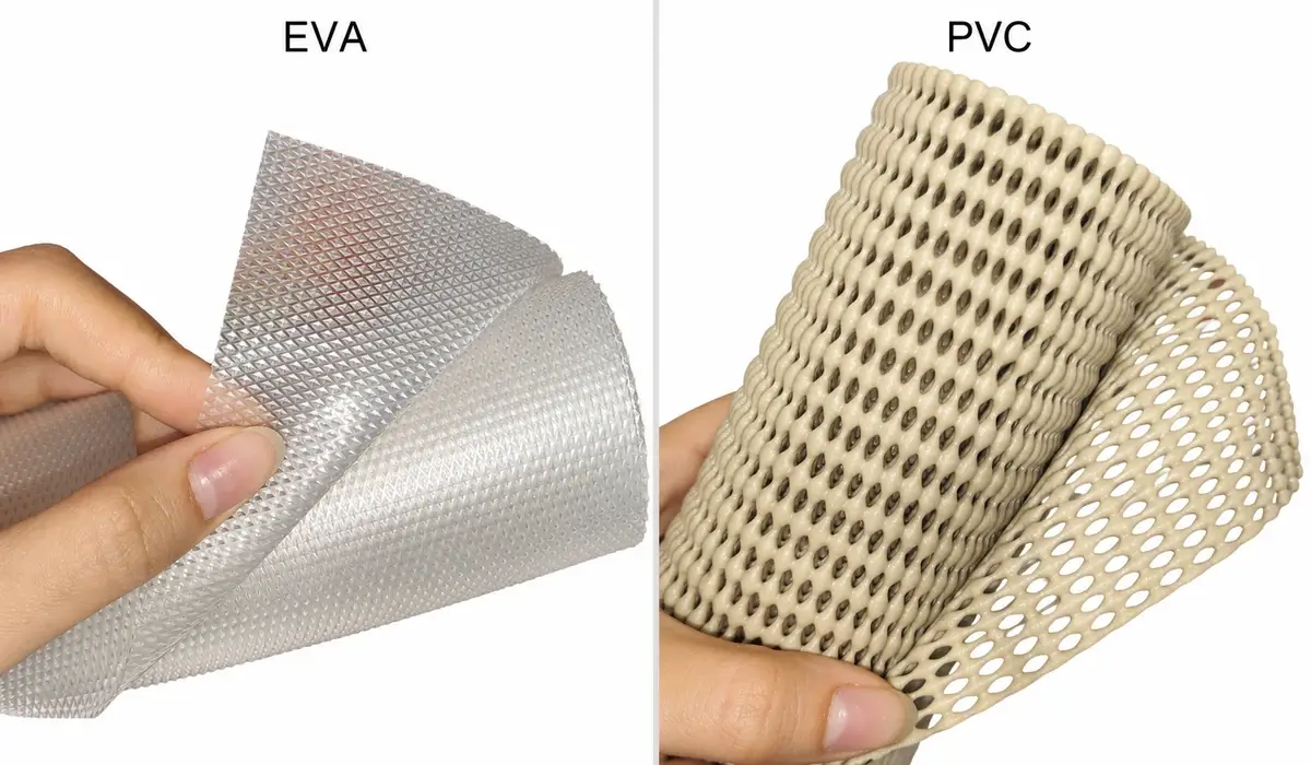 Clear embossed EVA shelf liner on the left and beige PVC foam mesh liner on the right, showing their different surface structures.