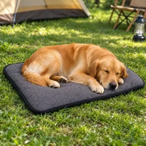 A golden retriever sleeping on a charcoal outdoor dog bed on grass beside a camping tent.