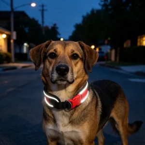 Dog wearing a red and black reflective collar on a residential street at dusk