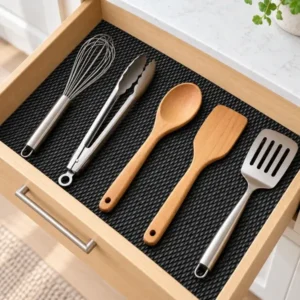 Black TPE drawer liner beneath wooden and stainless steel kitchen utensils.
