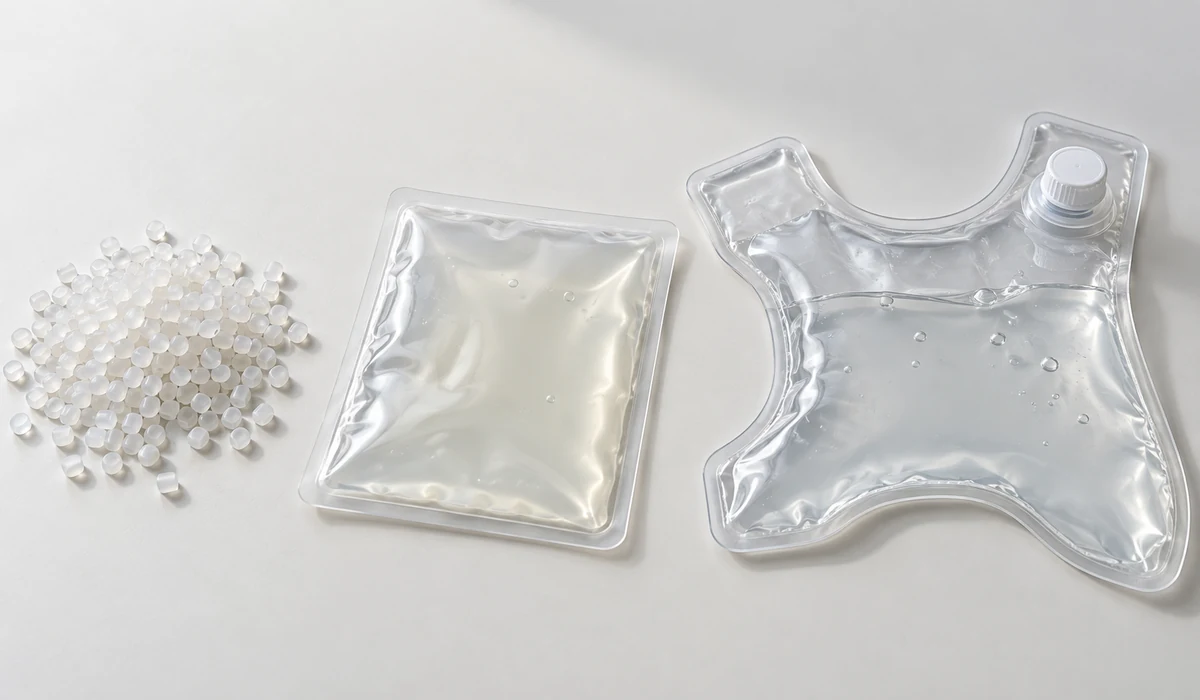 Illustration of TPU resin pellets, a PCM containment pouch, and a water bladder for a pet cooling vest.