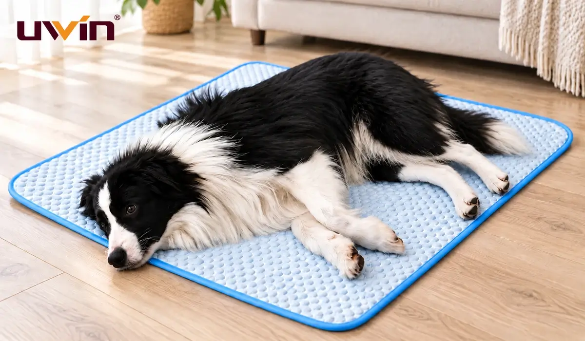 Border Collie resting on a light blue cooling mat with blue edging in a bright living room.