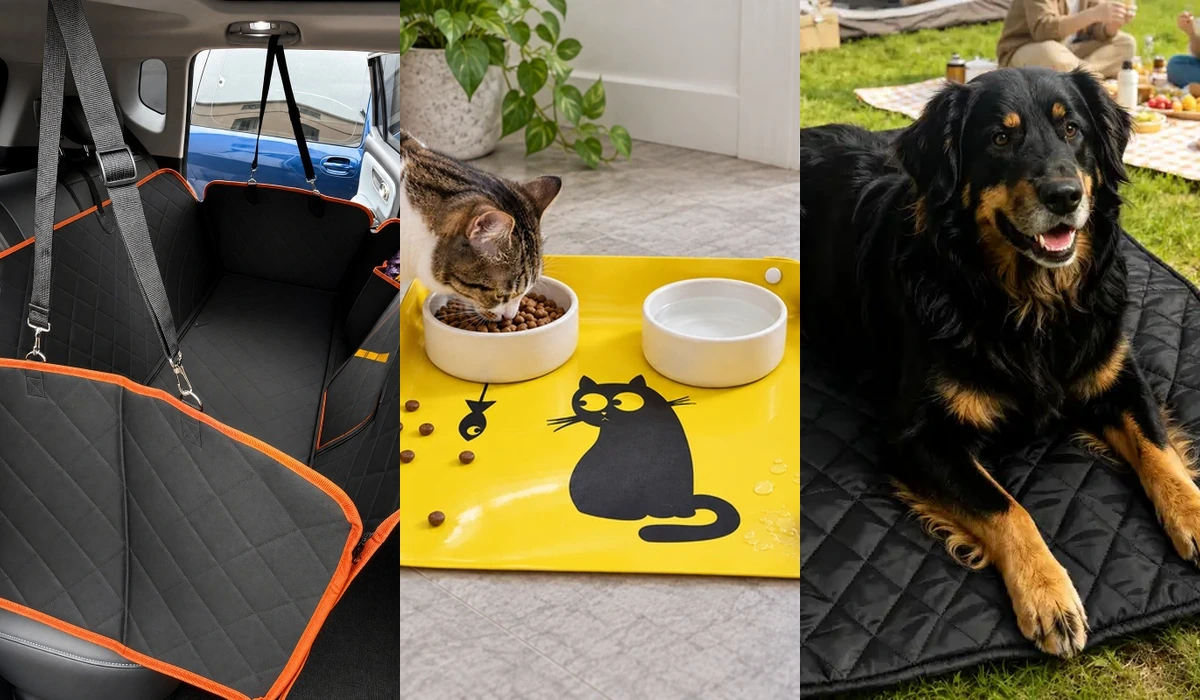 Pet travel seat cover, PVC feeding mat and outdoor pet mat for everyday pet care