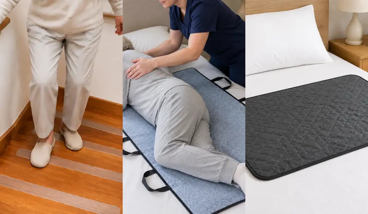 Senior care safety products including stair anti-slip strips, patient transfer mat and reusable bed pad