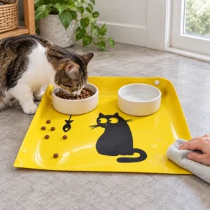 Cat eating on a yellow PVC pet feeding mat with a black cat print while a hand wipes water droplets from the surface
